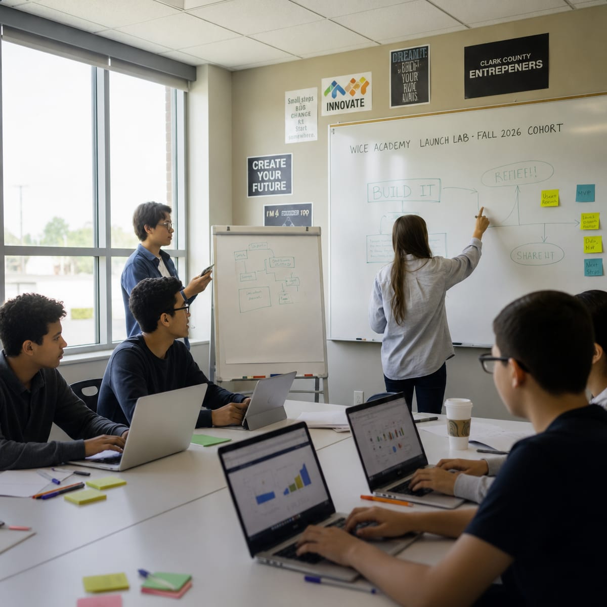 Teenage students working on startup ideas with laptops and whiteboards